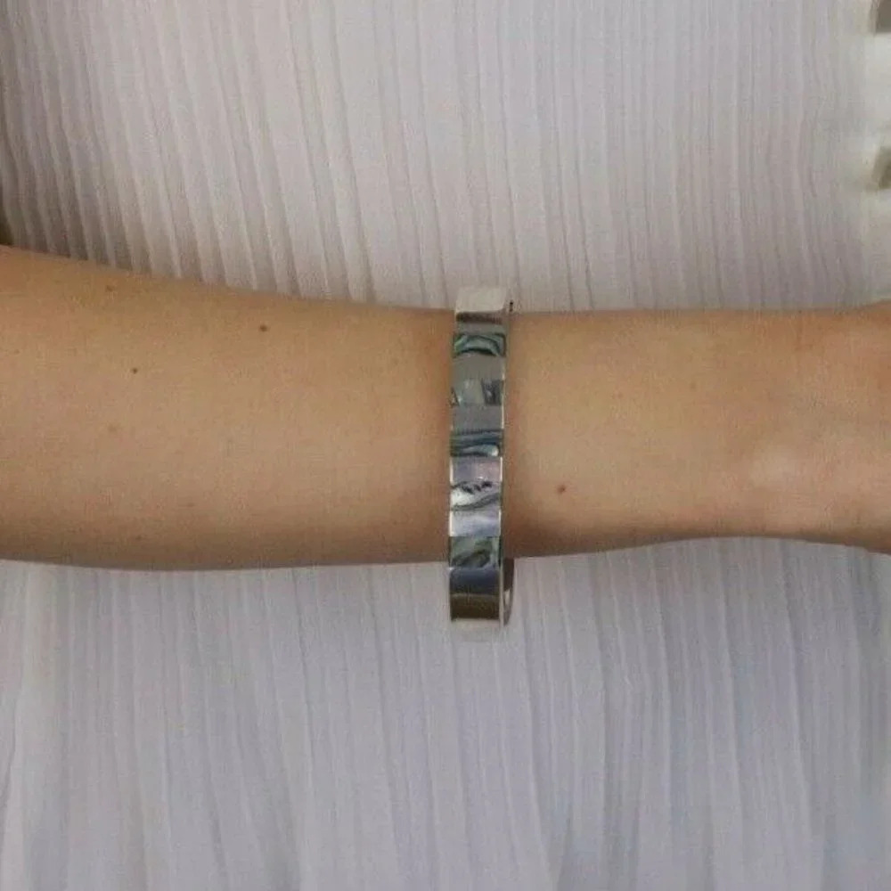 Sterling Silver Abalone Square Bangle Bracelet 7" inch Square 2 3/8" Diameter - Picture 2 of 7